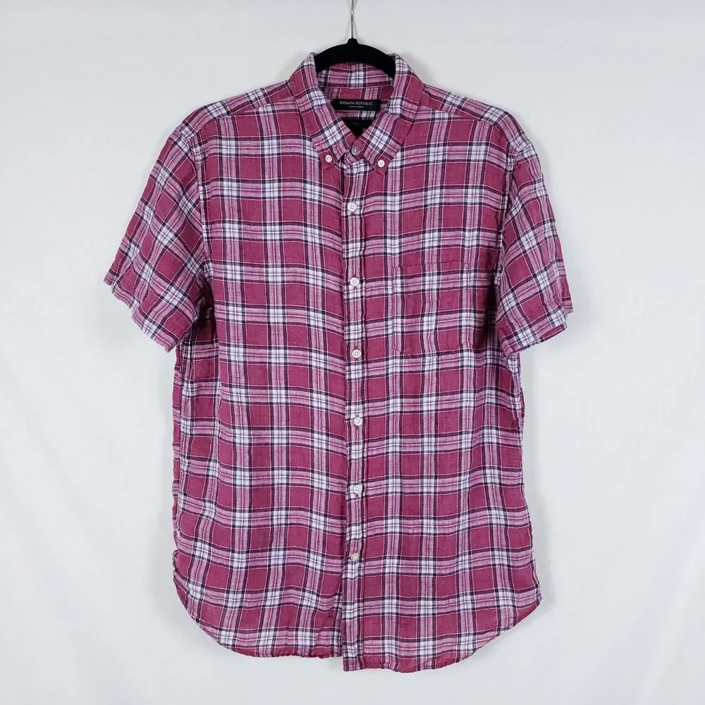 Banana Republic Camden Fit Linen Shirt Red Plaid Mens M Short Sleeve Preppy